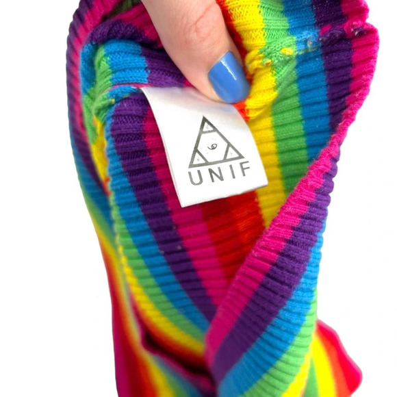 Unif UNIF Lenny Crop Top Short Sleeve Top Rainbow Stripe Turtleneck Size Small - Picture 7 of 8